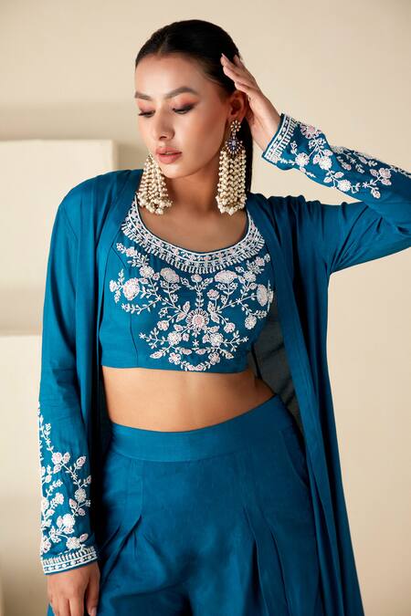 Buy_Suruchi Parakh_Blue Crepe, Silk Beads, Sequins, Embroidery Round Neck Floral Jacket Pant Set _Online_at_Aza_Fashions