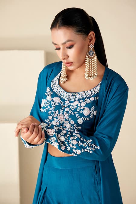 Shop_Suruchi Parakh_Blue Crepe, Silk Beads, Sequins, Embroidery Round Neck Floral Jacket Pant Set _Online_at_Aza_Fashions