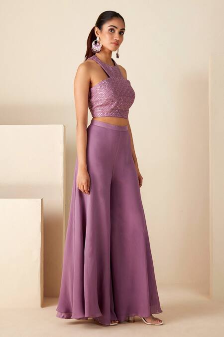 Suruchi Parakh_Purple Georgette Sequins, Embroidery Halter Neck Crop Top And Flared Pant Set _Online_at_Aza_Fashions