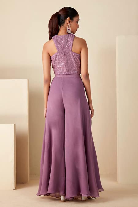 Suruchi Parakh Embroidered Halter Neck Crop Top & Flared Pant Set 