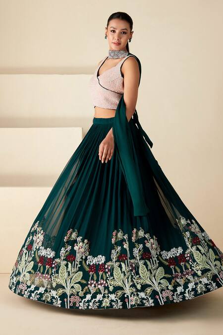 Suruchi Parakh_Green Georgette Beads, Sequins, Embroidery V-neck Thread Pleated Lehenga Set _Online_at_Aza_Fashions