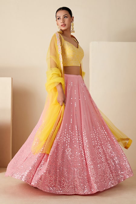 Shop Suruchi Parakh Pink Georgette, Net Embroidery, Sequins Sweetheart Neck Lehenga Set Online at Aza Fashions Shop_Suruchi Parakh_Pink Georgette, Net Embroidery, Sequins Sweetheart Neck Lehenga Set _Online_at_Aza_Fashions