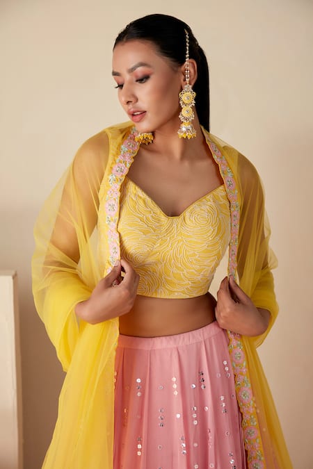 Shop Suruchi Parakh Pink Georgette, Net Embroidery, Sequins Sweetheart Neck Lehenga Set Shop_Suruchi Parakh_Pink Georgette, Net Embroidery, Sequins Sweetheart Neck Lehenga Set