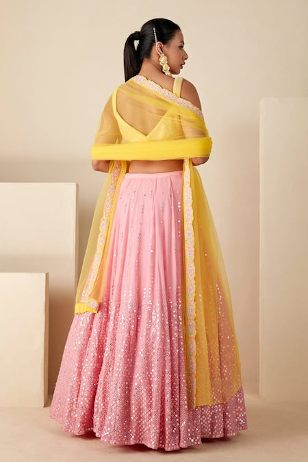Shop Suruchi Parakh Pink Georgette, Net Embroidery, Sequins Sweetheart Neck Lehenga Set at Aza Fashions Shop_Suruchi Parakh_Pink Georgette, Net Embroidery, Sequins Sweetheart Neck Lehenga Set _at_Aza_Fashions