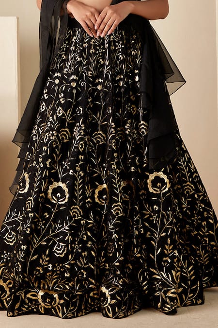 Suruchi Parakh Black Georgette Sequins, Cut Work, Embroidery One Floral Foil Lehenga Set Online at Aza Fashions Suruchi Parakh_Black Georgette Sequins, Cut Work, Embroidery One Floral Foil Lehenga Set _Online_at_Aza_Fashions