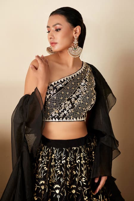 Shop Suruchi Parakh Black Georgette Sequins, Cut Work, Embroidery One Floral Foil Lehenga Set Online at Aza Fashions Shop_Suruchi Parakh_Black Georgette Sequins, Cut Work, Embroidery One Floral Foil Lehenga Set _Online_at_Aza_Fashions