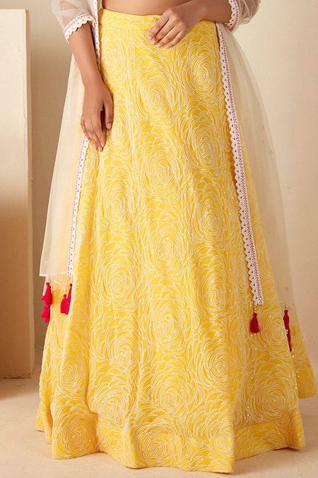 Suruchi Parakh_Yellow Georgette, Chiffon Sequins, Beads, Cut And Thread Embroidered Lehenga Set _Online_at_Aza_Fashions