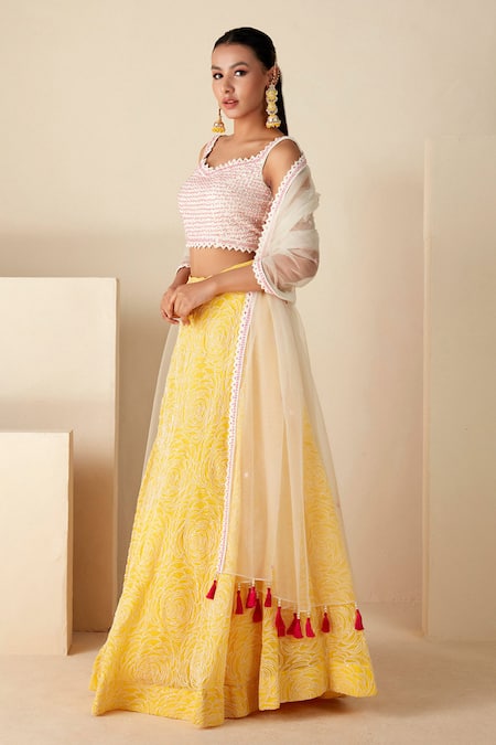 Buy_Suruchi Parakh_Yellow Georgette, Chiffon Sequins, Beads, Cut And Thread Embroidered Lehenga Set _Online_at_Aza_Fashions