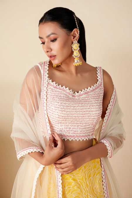 Shop_Suruchi Parakh_Yellow Georgette, Chiffon Sequins, Beads, Cut And Thread Embroidered Lehenga Set _Online_at_Aza_Fashions