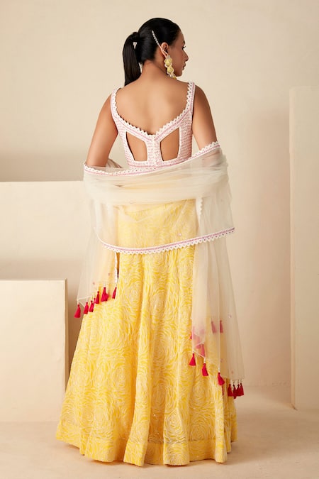 Shop_Suruchi Parakh_Yellow Georgette, Chiffon Sequins, Beads, Cut And Thread Embroidered Lehenga Set _at_Aza_Fashions