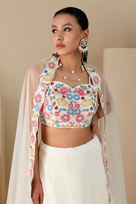 Shop Suruchi Parakh White Georgette Sequins, Beads, Embroidery Sweetheart Floral Thread Lehenga Set Online at Aza Fashions Shop_Suruchi Parakh_White Georgette Sequins, Beads, Embroidery Sweetheart Floral Thread Lehenga Set _Online_at_Aza_Fashions
