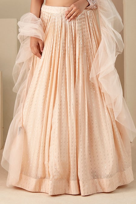 Suruchi Parakh Peach Georgette Sequins, Cut Work One Shoulder Embroidered Pleated Lehenga Set Online at Aza Fashions Suruchi Parakh_Peach Georgette Sequins, Cut Work One Shoulder Embroidered Pleated Lehenga Set _Online_at_Aza_Fashions