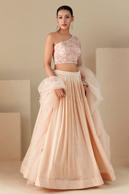 Buy Suruchi Parakh Peach Georgette Sequins, Cut Work One Shoulder Embroidered Pleated Lehenga Set Online at Aza Fashions Buy_Suruchi Parakh_Peach Georgette Sequins, Cut Work One Shoulder Embroidered Pleated Lehenga Set _Online_at_Aza_Fashions