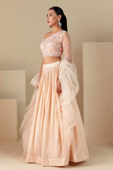 Shop Suruchi Parakh Peach Georgette Sequins, Cut Work One Shoulder Embroidered Pleated Lehenga Set Online at Aza Fashions Shop_Suruchi Parakh_Peach Georgette Sequins, Cut Work One Shoulder Embroidered Pleated Lehenga Set _Online_at_Aza_Fashions