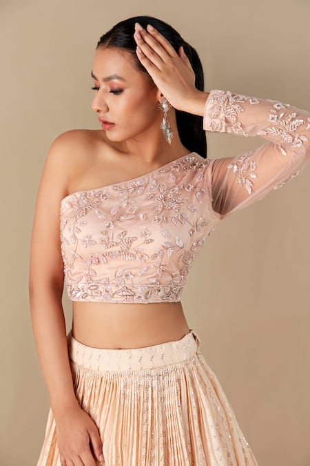 Suruchi Parakh Peach Georgette Sequins, Cut Work One Shoulder Embroidered Pleated Lehenga Set at Aza Fashions Suruchi Parakh_Peach Georgette Sequins, Cut Work One Shoulder Embroidered Pleated Lehenga Set _at_Aza_Fashions