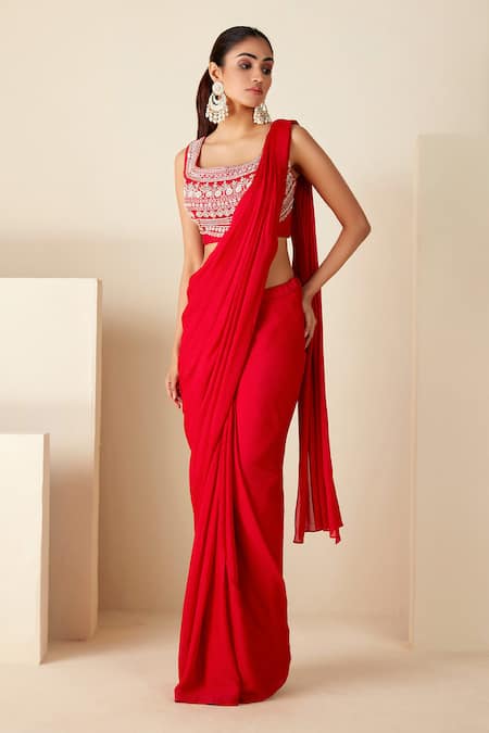 Suruchi Parakh Red Georgette Pearls, Sequins Zari Embroidered Blouse And Pre-draped Saree Set Online at Aza Fashions Suruchi Parakh_Red Georgette Pearls, Sequins Zari Embroidered Blouse And Pre-draped Saree Set _Online_at_Aza_Fashions