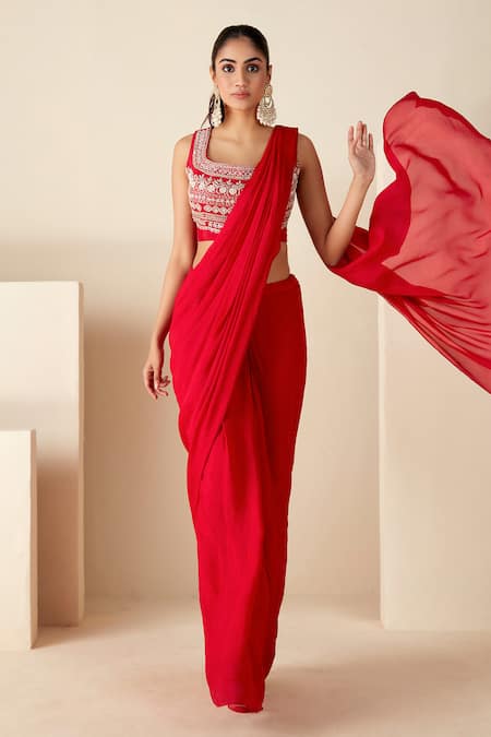 Buy Suruchi Parakh Red Georgette Pearls, Sequins Zari Embroidered Blouse And Pre-draped Saree Set Online at Aza Fashions Buy_Suruchi Parakh_Red Georgette Pearls, Sequins Zari Embroidered Blouse And Pre-draped Saree Set _Online_at_Aza_Fashions