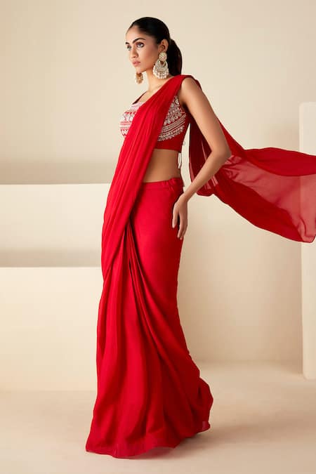Shop Suruchi Parakh Red Georgette Pearls, Sequins Zari Embroidered Blouse And Pre-draped Saree Set Online at Aza Fashions Shop_Suruchi Parakh_Red Georgette Pearls, Sequins Zari Embroidered Blouse And Pre-draped Saree Set _Online_at_Aza_Fashions