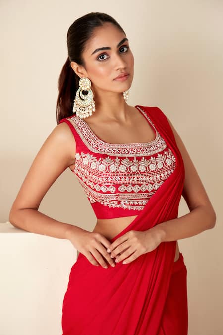 Suruchi Parakh Red Georgette Pearls, Sequins Zari Embroidered Blouse And Pre-draped Saree Set at Aza Fashions Suruchi Parakh_Red Georgette Pearls, Sequins Zari Embroidered Blouse And Pre-draped Saree Set _at_Aza_Fashions