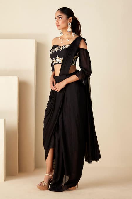 Buy_Suruchi Parakh_Black Georgette Embroidery Zardozi Work Blouse And Pre-draped Saree Set _Online_at_Aza_Fashions