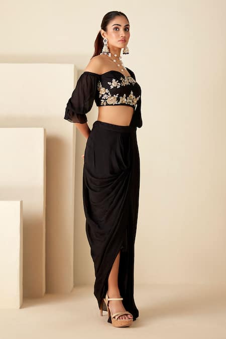 Shop_Suruchi Parakh_Black Georgette Embroidery Zardozi Work Blouse And Pre-draped Saree Set _Online_at_Aza_Fashions