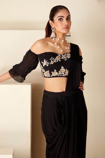 Suruchi Parakh_Black Georgette Embroidery Zardozi Work Blouse And Pre-draped Saree Set _at_Aza_Fashions