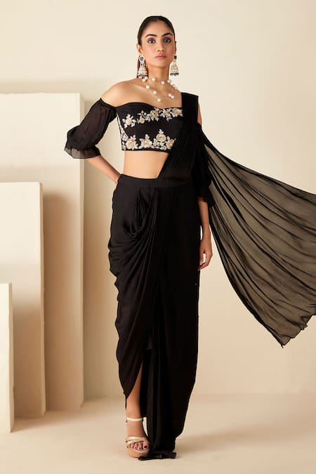 Suruchi Parakh Black Georgette Crepe Hand Embroidered Zardozi Blouse And Pre-draped Saree Set 