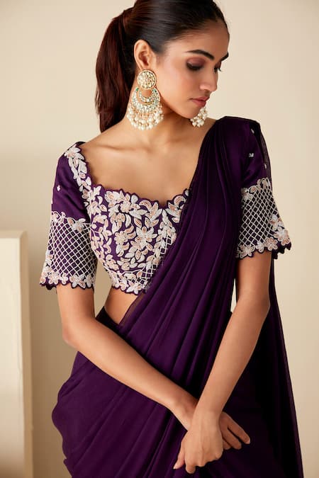 Buy Suruchi Parakh Purple Georgette, Crepe Embroidery, Beads Blouse And Pre-draped Saree Set Online at Aza Fashions Buy_Suruchi Parakh_Purple Georgette, Crepe Embroidery, Beads Blouse And Pre-draped Saree Set _Online_at_Aza_Fashions