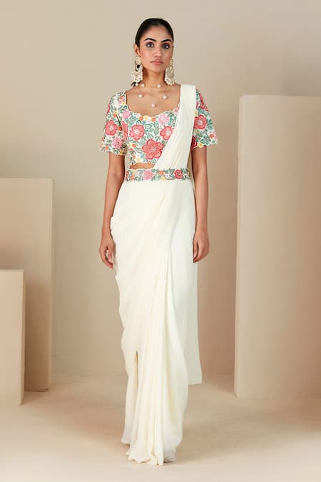 Suruchi Parakh White Georgette, Crepe Embroidery Round Thread Blouse And Pre-draped Saree Set Online at Aza Fashions Suruchi Parakh_White Georgette, Crepe Embroidery Round Thread Blouse And Pre-draped Saree Set _Online_at_Aza_Fashions