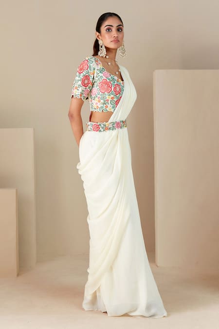 Buy Suruchi Parakh White Georgette, Crepe Embroidery Round Thread Blouse And Pre-draped Saree Set Online at Aza Fashions Buy_Suruchi Parakh_White Georgette, Crepe Embroidery Round Thread Blouse And Pre-draped Saree Set _Online_at_Aza_Fashions