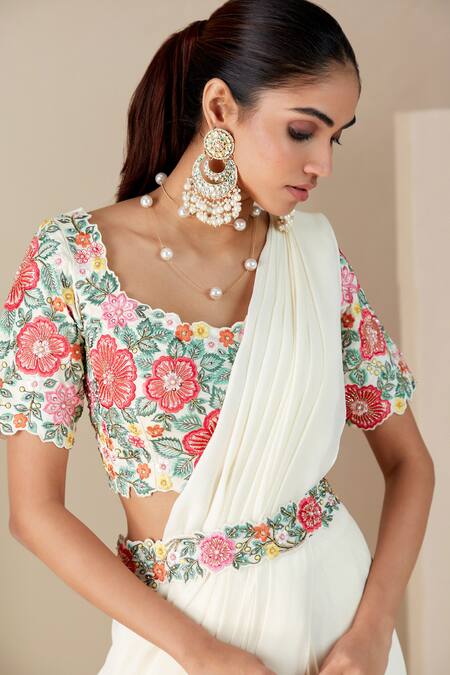 Shop Suruchi Parakh White Georgette, Crepe Embroidery Round Thread Blouse And Pre-draped Saree Set Online at Aza Fashions Shop_Suruchi Parakh_White Georgette, Crepe Embroidery Round Thread Blouse And Pre-draped Saree Set _Online_at_Aza_Fashions