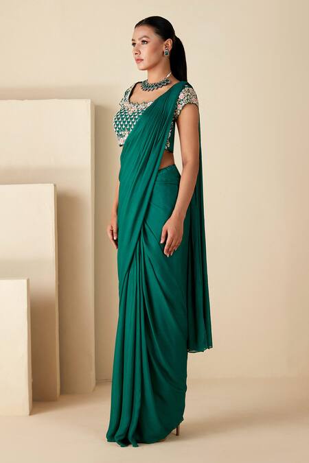 Suruchi Parakh_Green Georgette Embroidery, Cut Work, Zari Sequin Blouse And Pre-draped Saree Set _Online_at_Aza_Fashions