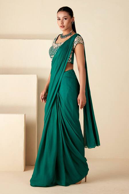 Buy_Suruchi Parakh_Green Georgette Embroidery, Cut Work, Zari Sequin Blouse And Pre-draped Saree Set _Online_at_Aza_Fashions