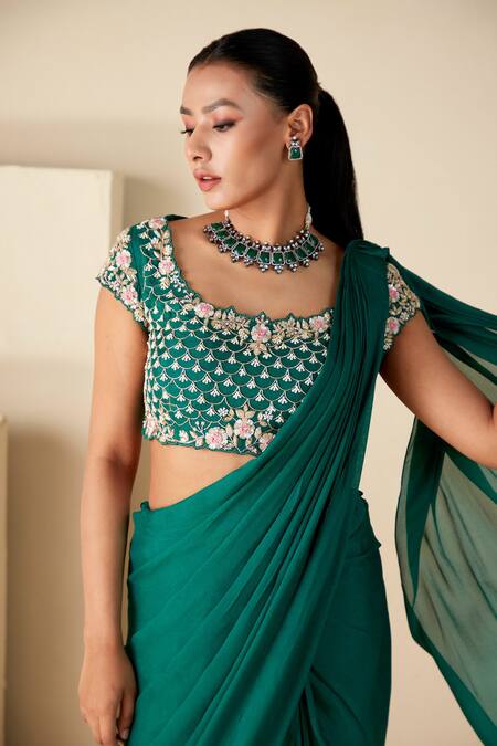 Shop_Suruchi Parakh_Green Georgette Embroidery, Cut Work, Zari Sequin Blouse And Pre-draped Saree Set _Online_at_Aza_Fashions