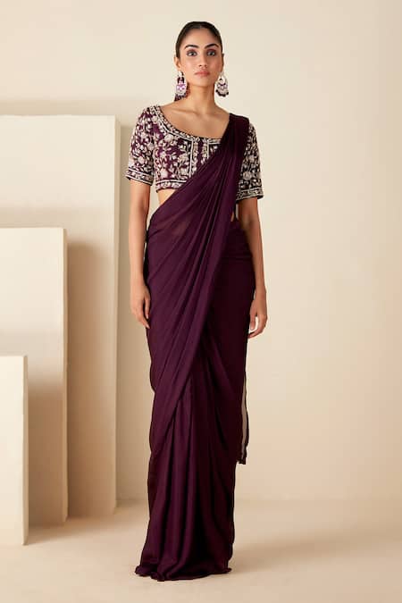 Suruchi Parakh_Purple Georgette Beads, Cut Floral Embroidered Blouse And Pre-draped Saree Set _Online_at_Aza_Fashions