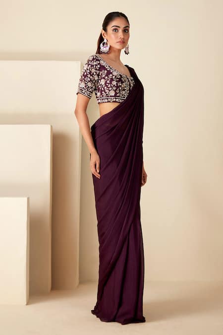 Buy_Suruchi Parakh_Purple Georgette Beads, Cut Floral Embroidered Blouse And Pre-draped Saree Set _Online_at_Aza_Fashions
