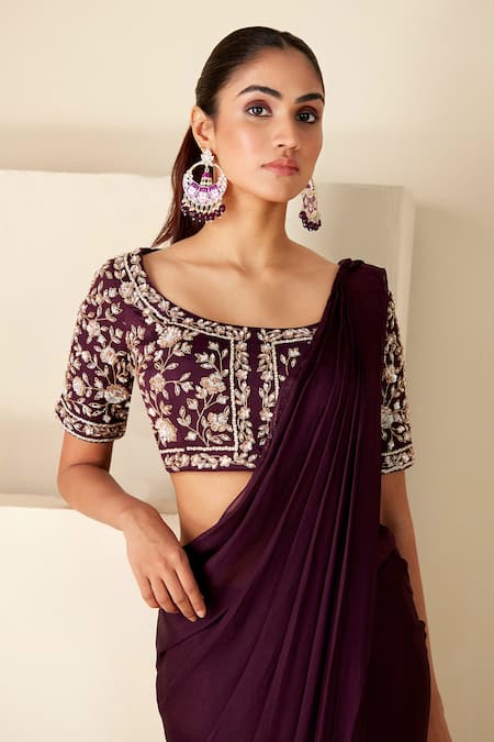 Shop_Suruchi Parakh_Purple Georgette Beads, Cut Floral Embroidered Blouse And Pre-draped Saree Set _Online_at_Aza_Fashions