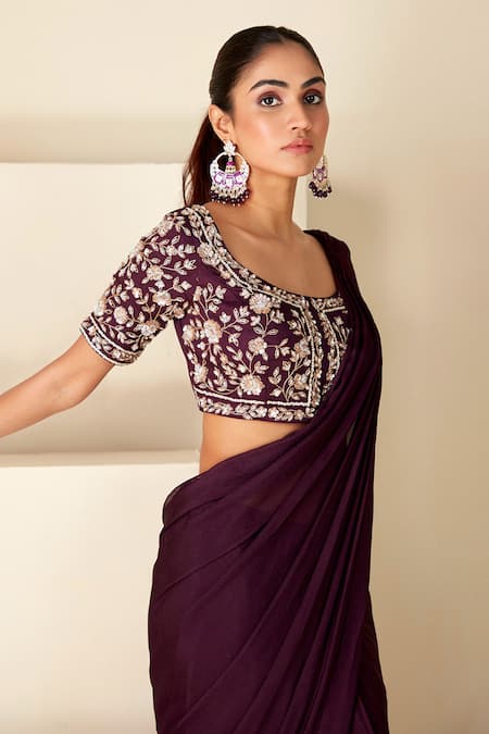 Suruchi Parakh_Purple Georgette Beads, Cut Floral Embroidered Blouse And Pre-draped Saree Set _at_Aza_Fashions