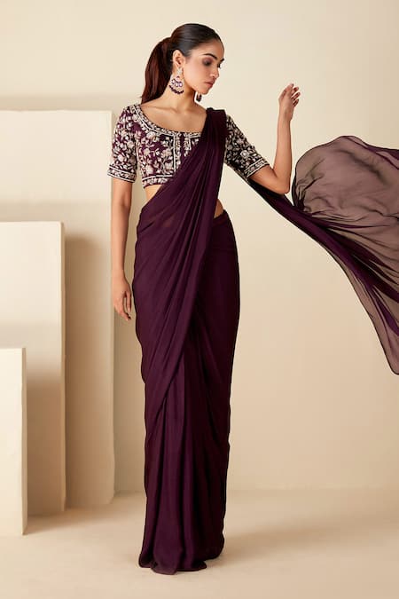 Purple Solid Georgette Saree With Tassels