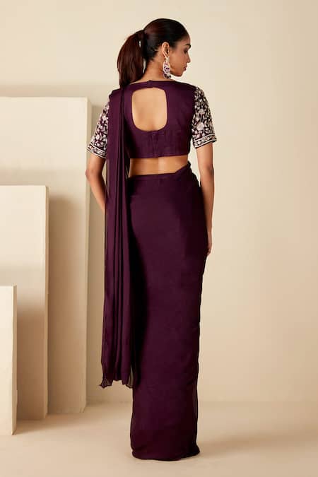 Shop_Suruchi Parakh_Purple Georgette Beads, Cut Floral Embroidered Blouse And Pre-draped Saree Set _at_Aza_Fashions