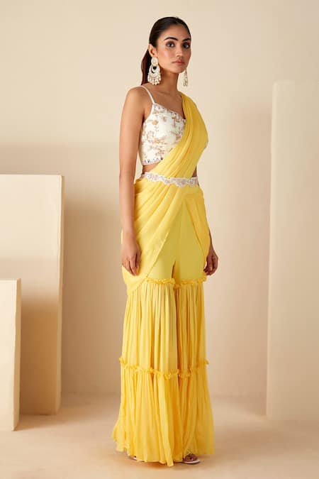 Suruchi Parakh_Yellow Georgette, Crepe Cut Work, Zari Embroidered Blouse And Sharara Saree Set _Online_at_Aza_Fashions