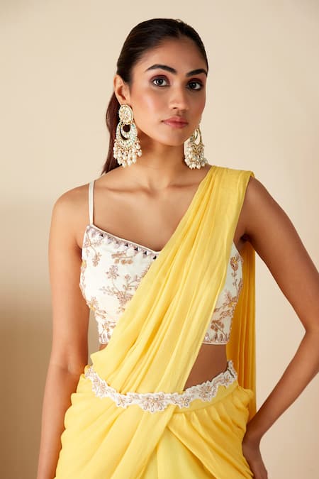 Buy_Suruchi Parakh_Yellow Georgette, Crepe Cut Work, Zari Embroidered Blouse And Sharara Saree Set _Online_at_Aza_Fashions