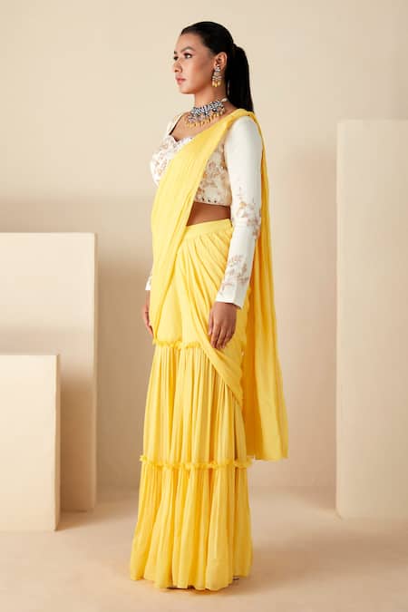 Suruchi Parakh_Yellow Georgette, Crepe Beads, Sequin Embroidered Blouse And Sharara Saree Set _Online_at_Aza_Fashions