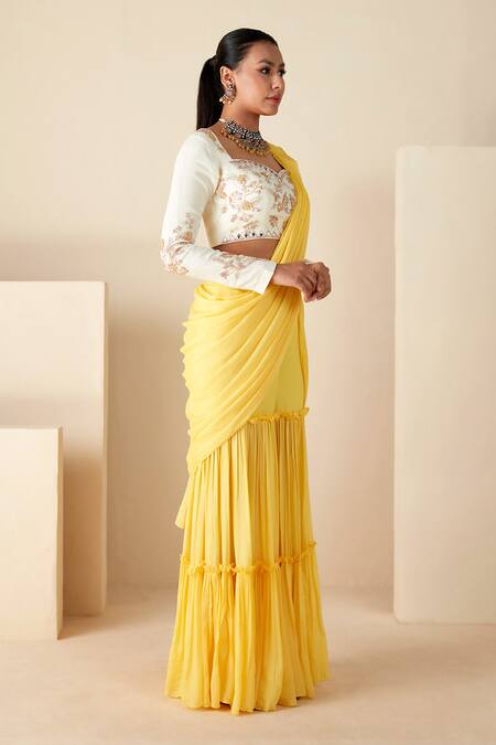 Buy_Suruchi Parakh_Yellow Georgette, Crepe Beads, Sequin Embroidered Blouse And Sharara Saree Set _Online_at_Aza_Fashions