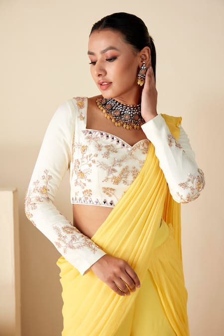 Shop_Suruchi Parakh_Yellow Georgette, Crepe Beads, Sequin Embroidered Blouse And Sharara Saree Set _Online_at_Aza_Fashions