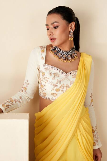 Suruchi Parakh_Yellow Georgette, Crepe Beads, Sequin Embroidered Blouse And Sharara Saree Set _at_Aza_Fashions