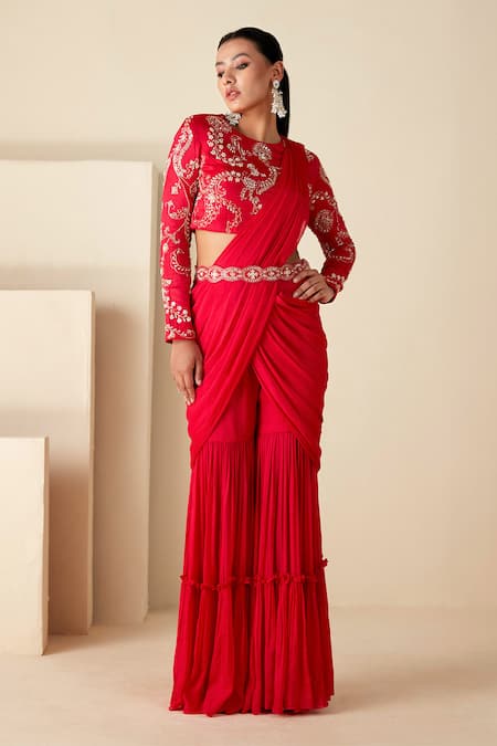 Suruchi Parakh Red Georgette, Crepe Beads, Cut Work, Embroidered Blouse And Sharara Saree Set Online at Aza Fashions Suruchi Parakh_Red Georgette, Crepe Beads, Cut Work, Embroidered Blouse And Sharara Saree Set _Online_at_Aza_Fashions