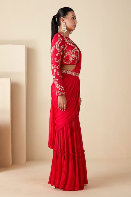 Buy Suruchi Parakh Red Georgette, Crepe Beads, Cut Work, Embroidered Blouse And Sharara Saree Set Online at Aza Fashions Buy_Suruchi Parakh_Red Georgette, Crepe Beads, Cut Work, Embroidered Blouse And Sharara Saree Set _Online_at_Aza_Fashions