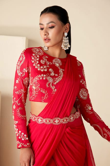 Shop Suruchi Parakh Red Georgette, Crepe Beads, Cut Work, Embroidered Blouse And Sharara Saree Set Online at Aza Fashions Shop_Suruchi Parakh_Red Georgette, Crepe Beads, Cut Work, Embroidered Blouse And Sharara Saree Set _Online_at_Aza_Fashions