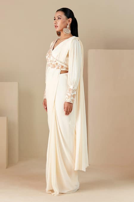 Suruchi Parakh_Off White Georgette Beads, Zari, Embroidered Wrap Blouse And Pre-draped Saree Set _Online_at_Aza_Fashions